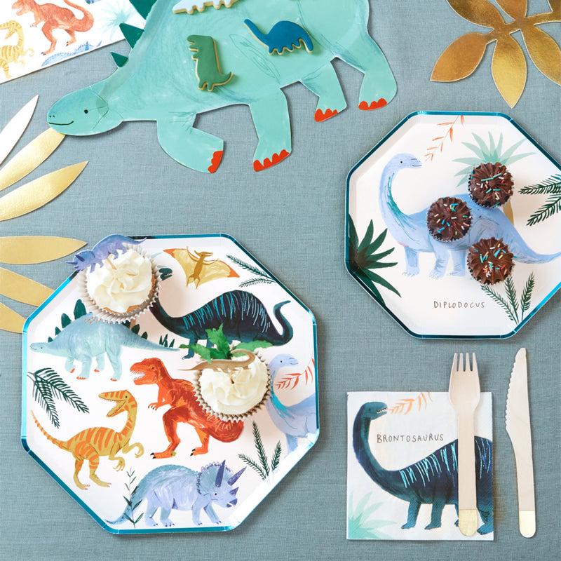 Colorful dinosaur theme dessert plates and napkins for kids birthday from Parte Haus party supply store in Bethesda Maryland