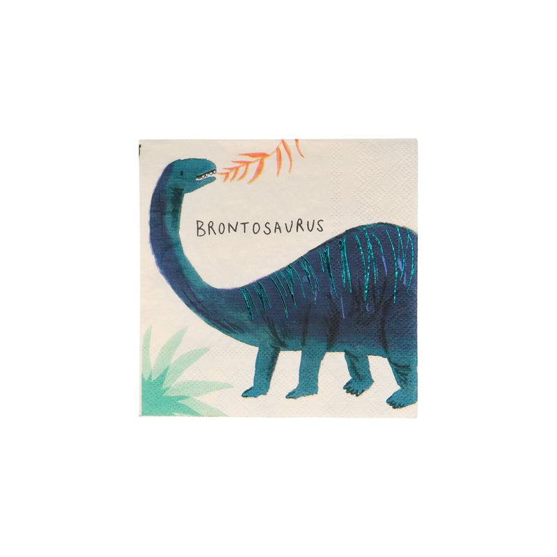 Blue dinosaur napkin with brontosaurus illustration for kids birthday from Parte Haus party supply store in Bethesda Maryland