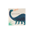 Blue dinosaur napkin with brontosaurus illustration for kids birthday from Parte Haus party supply store in Bethesda Maryland