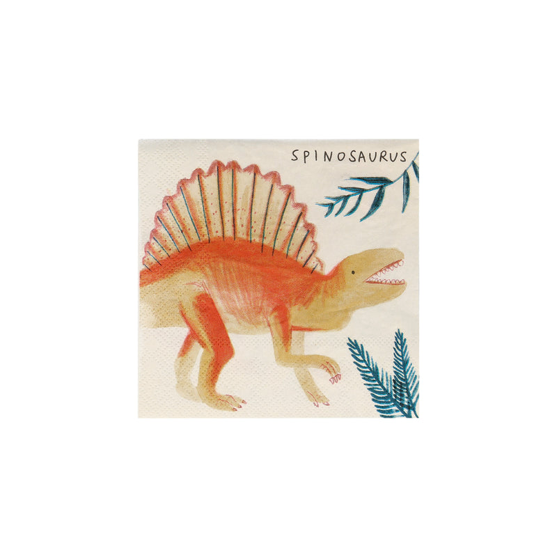 Orange dinosaur napkin with Spinosaurus illustration for dinosaur birthday from Parte Haus party supply store in Bethesda MD