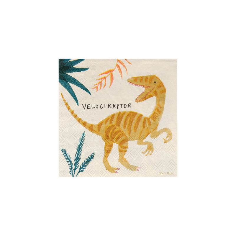 Yellow dinosaur napkin with velociraptor print for kids dinosaur birthday from Parte Haus party supply store in Bethesda MD