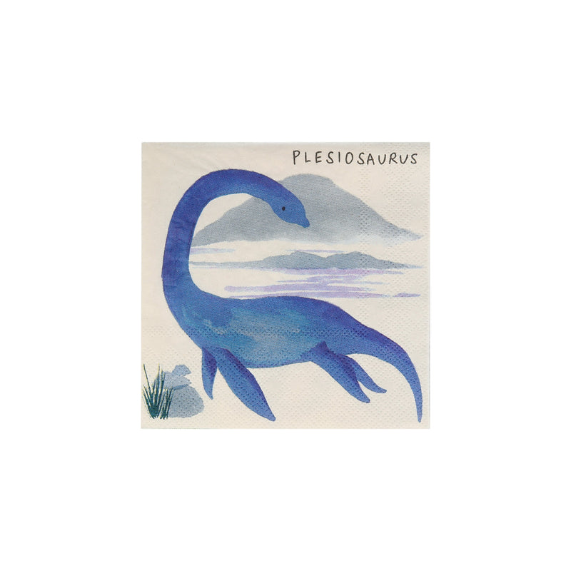 Blue dinosaur napkin with lake and mountain scene for dinosaur birthday from Parte Haus party supply store in Bethesda MD