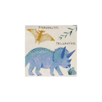 Blue dinosaur napkin featuring triceratops and pterodactyl for dinosaur birthday from Parte Haus party supply store in Bethesda Maryland