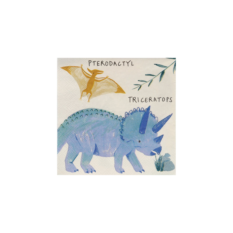 Blue dinosaur napkin featuring triceratops and pterodactyl for dinosaur birthday from Parte Haus party supply store in Bethesda Maryland