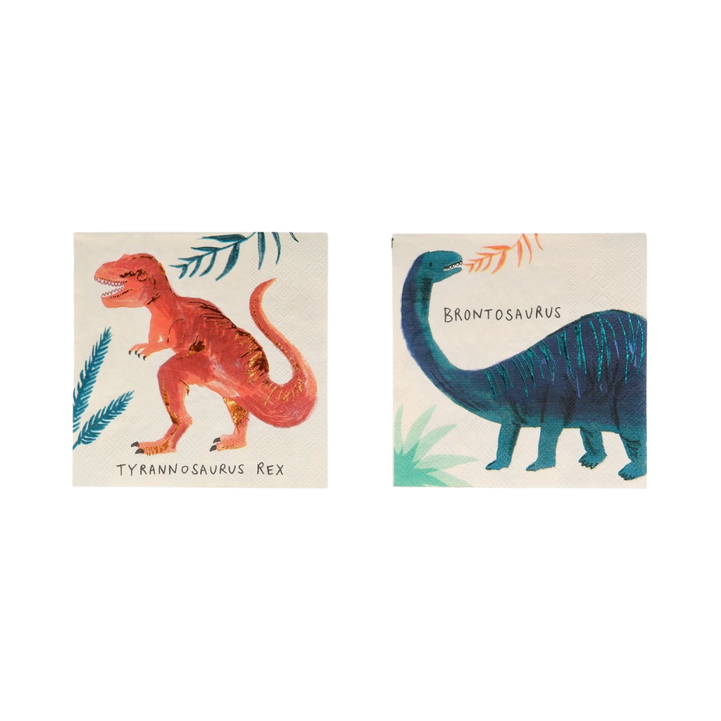 Colorful dinosaur napkins with T rex and brontosaurus for kids birthday from Parte Haus party supply store in Bethesda MD