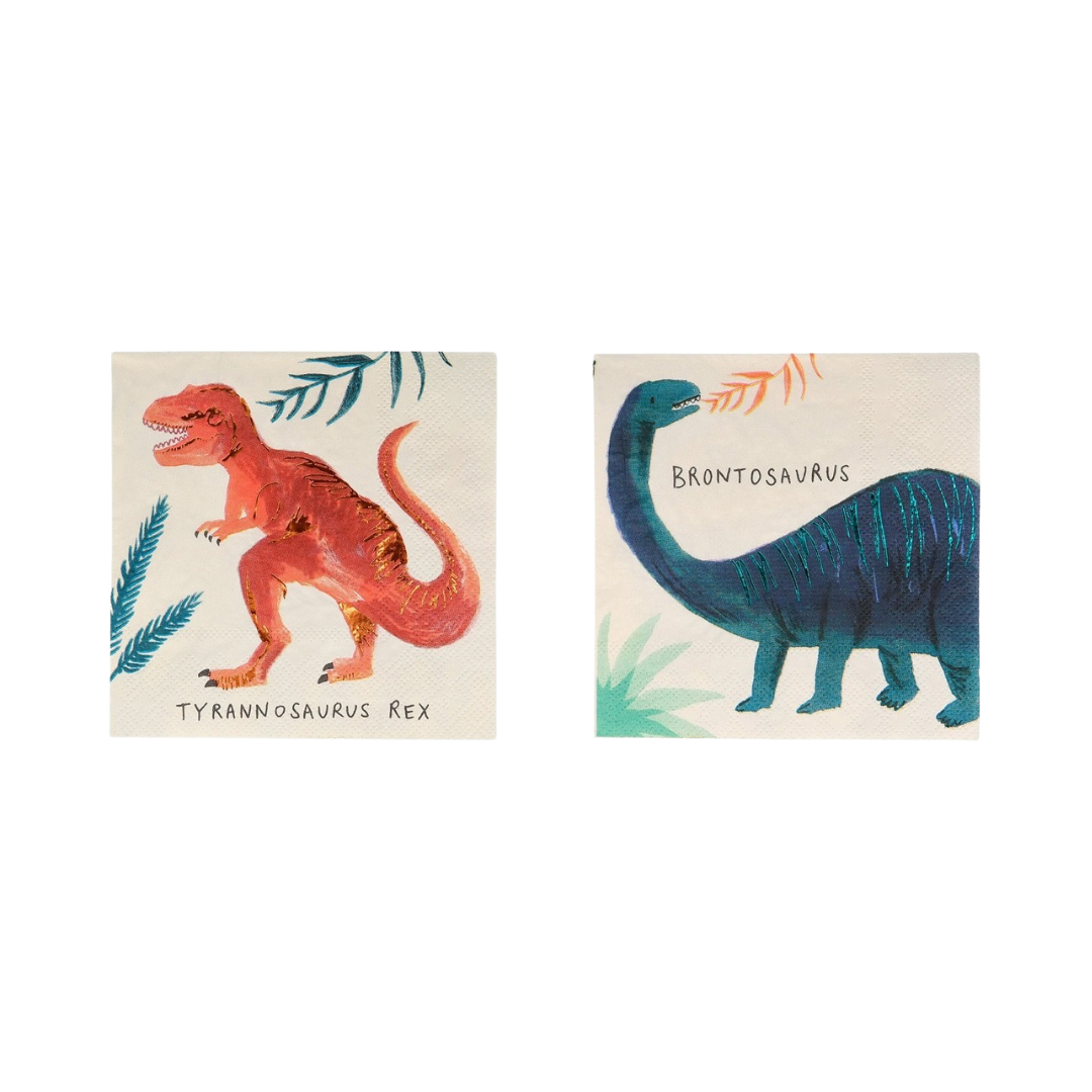 Colorful dinosaur napkins with T rex and brontosaurus for kids birthday from Parte Haus party supply store in Bethesda MD