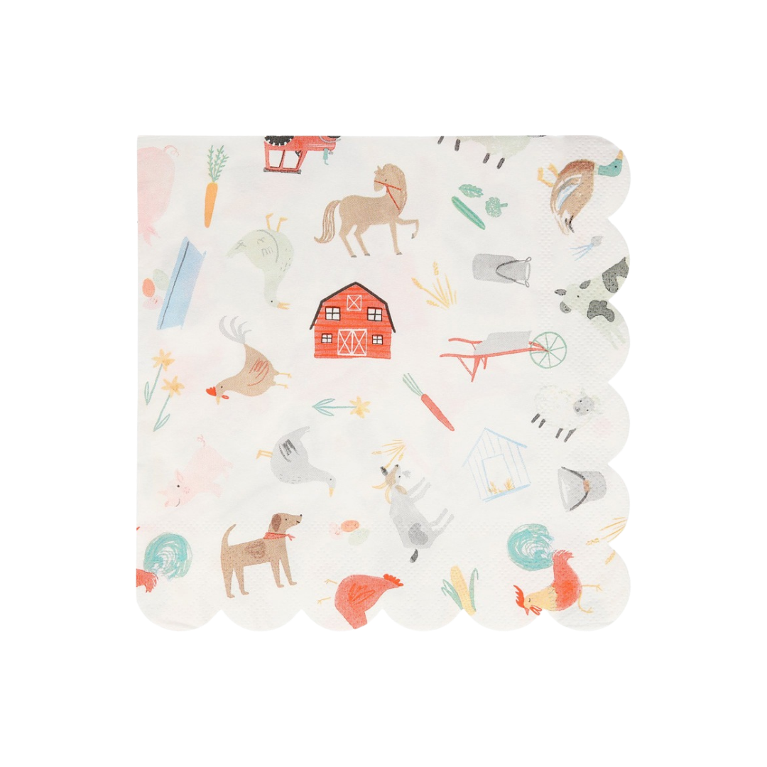 white farm animal napkin with barn and scallop edge farm birthday from Parte Haus party supply store in Bethesda Maryland