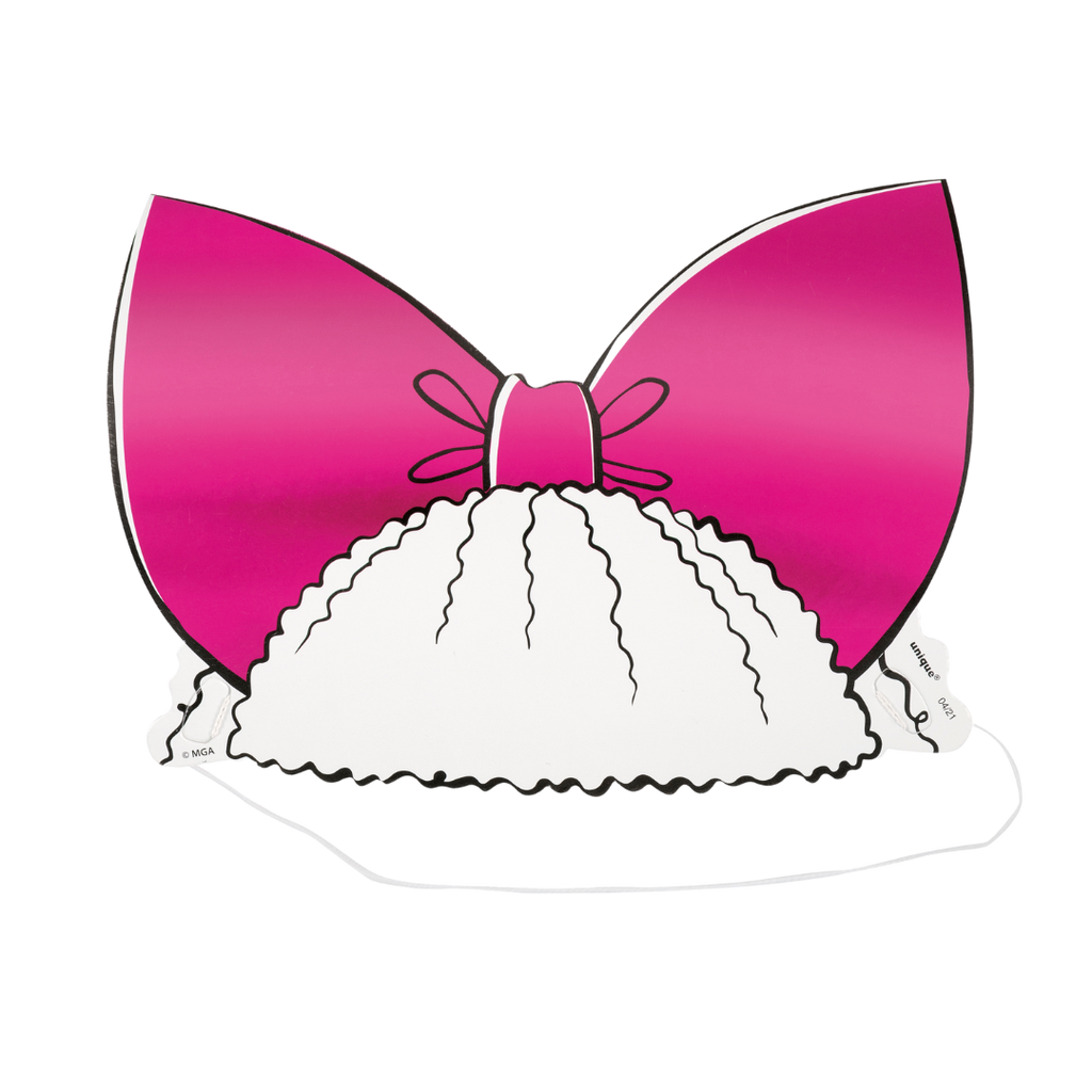 Pink bow headband paper mask with white frills perfect for birthday parties from Parte Haus party supply store in Bethesda MD