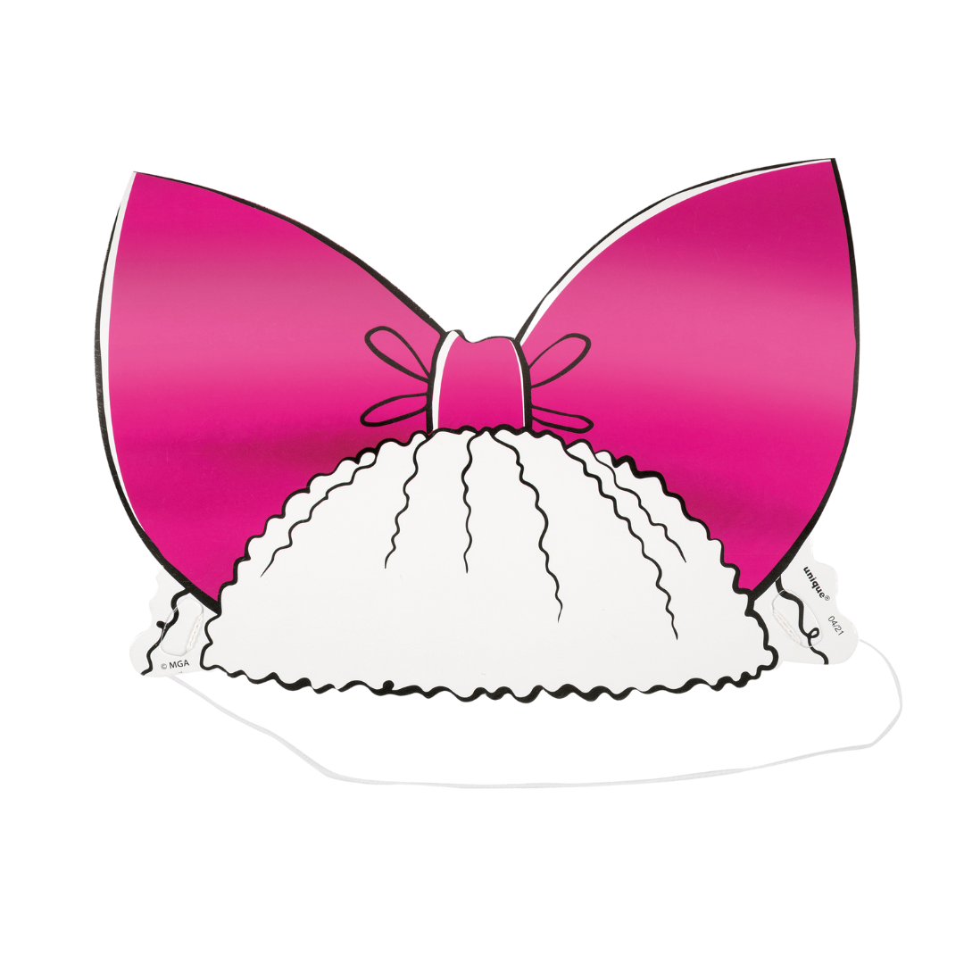 Pink bow headband paper mask with white frills perfect for birthday parties from Parte Haus party supply store in Bethesda MD