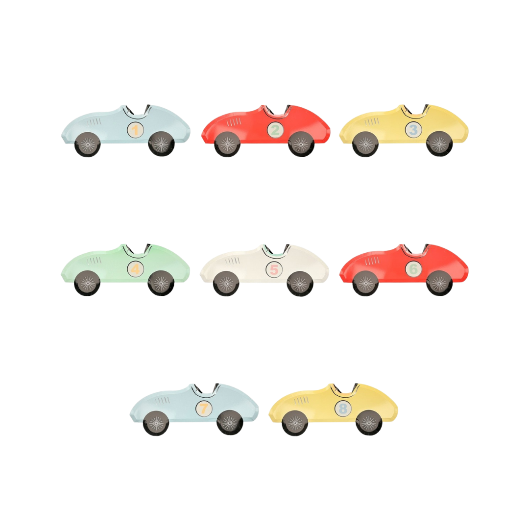 Colorful race car plates set for kids birthday from Parte Haus party supply store in Bethesda Maryland