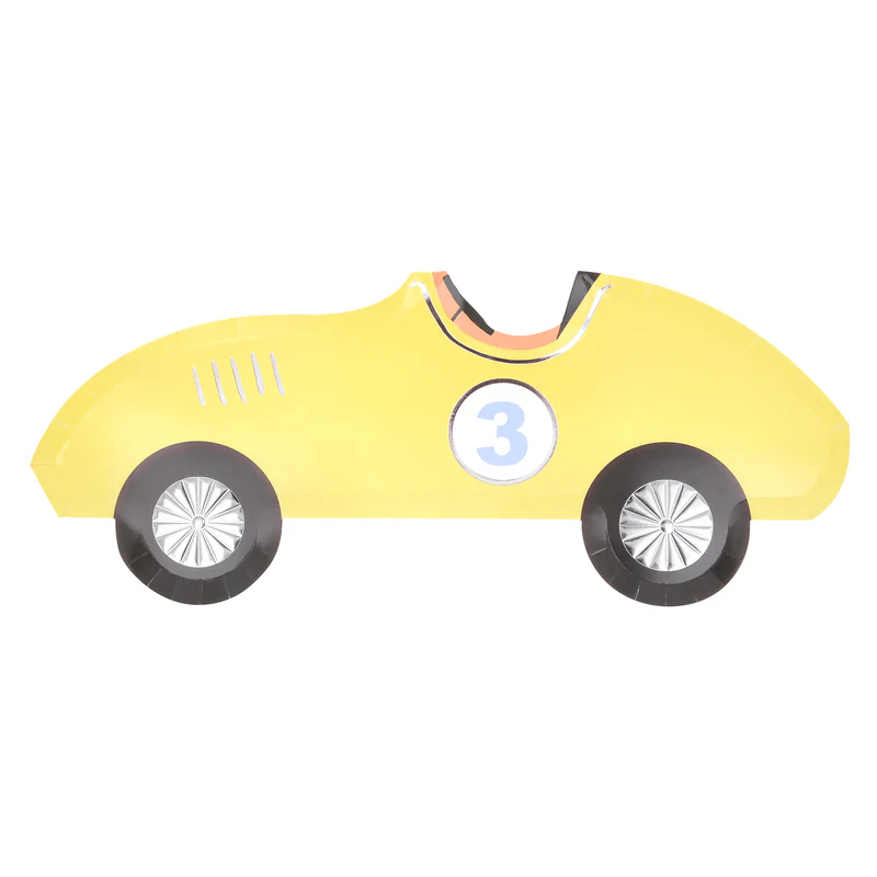 Yellow race car shaped plate with number 3 kids birthday from Parte Haus party supply store in Bethesda Maryland