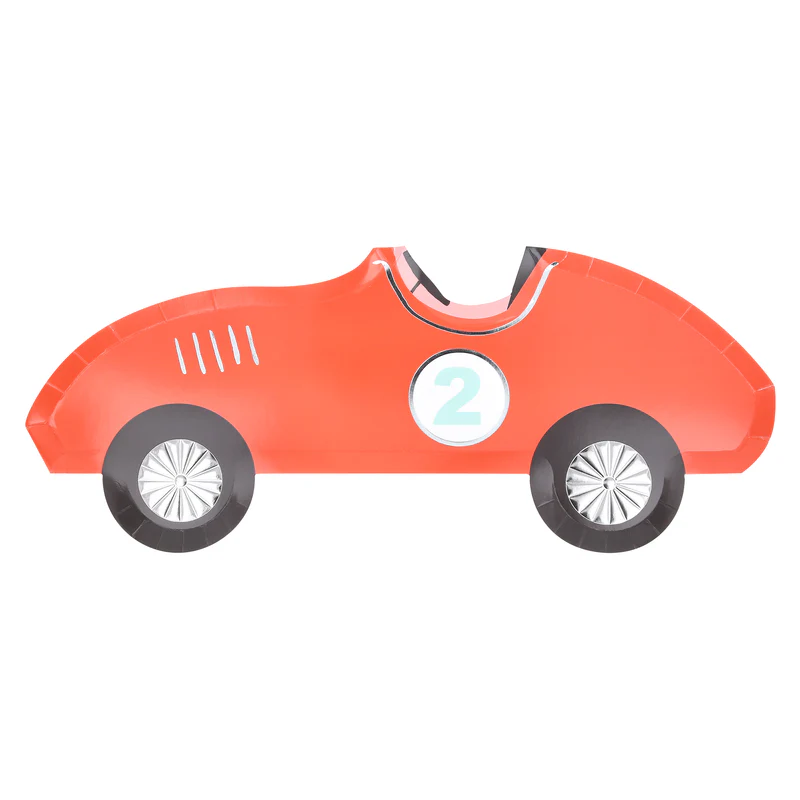 Red race car shaped paper plate for kids birthday from Parte Haus party supply store in Bethesda Maryland