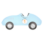 Light blue car shaped plate with number one race theme from Parte Haus party supply store in Bethesda MD