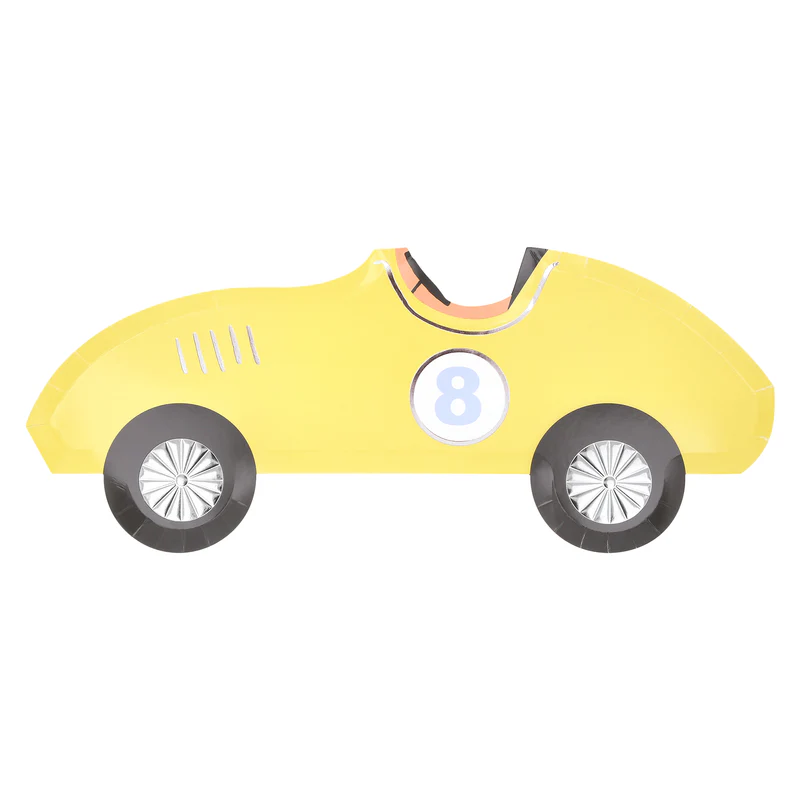 Yellow race car shaped plate with number 8 birthday theme from Parte Haus party supply store in Bethesda MD