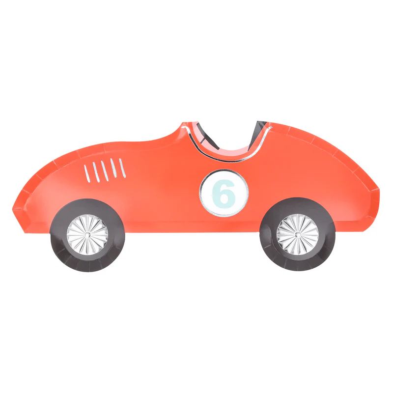 Red race car shaped paper plate for kids birthday from Parte Haus party supply store in Bethesda Maryland
