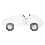 White race car shaped plate with number five for kids birthday from Parte Haus party supply store in Bethesda MD