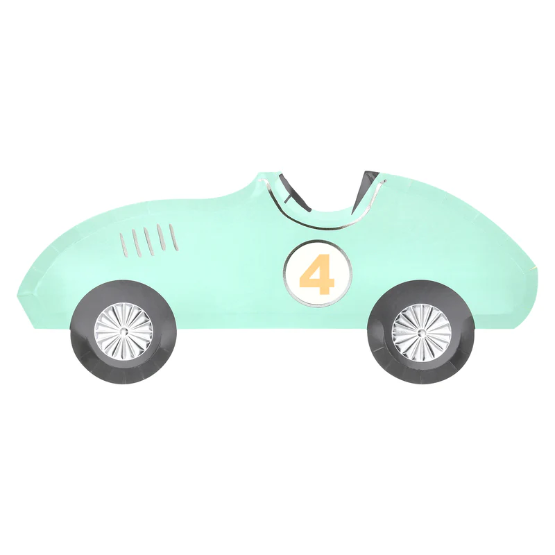 Mint green race car shaped plate for kids birthday from Parte Haus party supply store in Bethesda MD