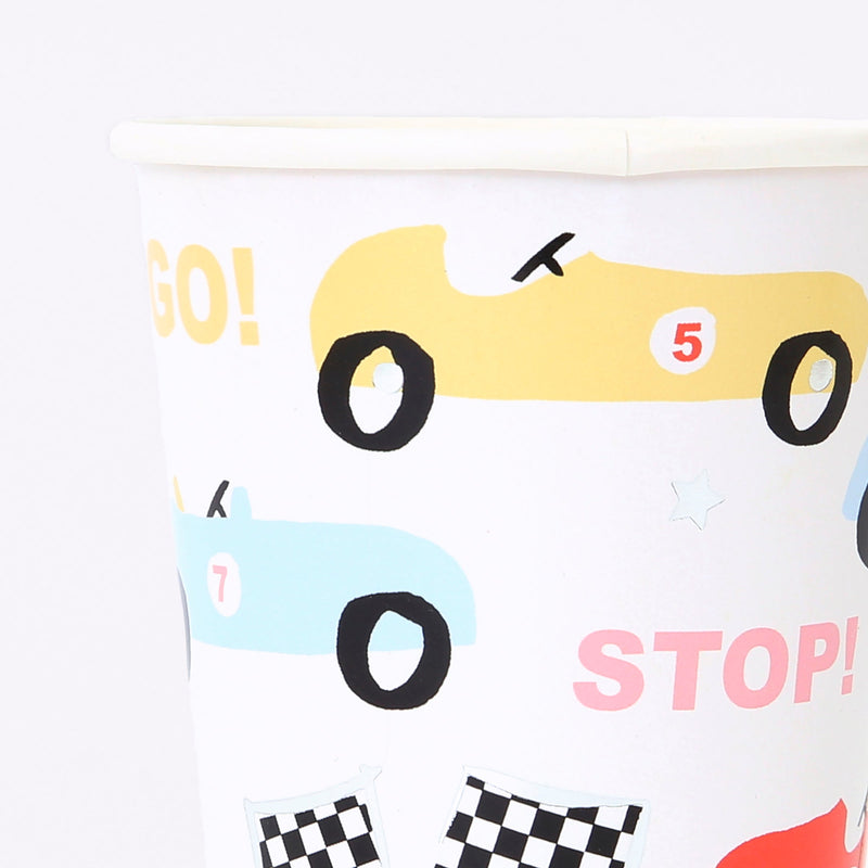 Multicolor race car paper cup with checkered flag print for birthday from Parte Haus party supply store in Bethesda MD