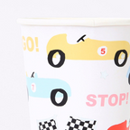 Multicolor race car paper cup with checkered flag print for birthday from Parte Haus party supply store in Bethesda MD