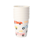 Multicolor race car paper cups with playful car print for kids birthday from Parte Haus party supply store in Bethesda MD