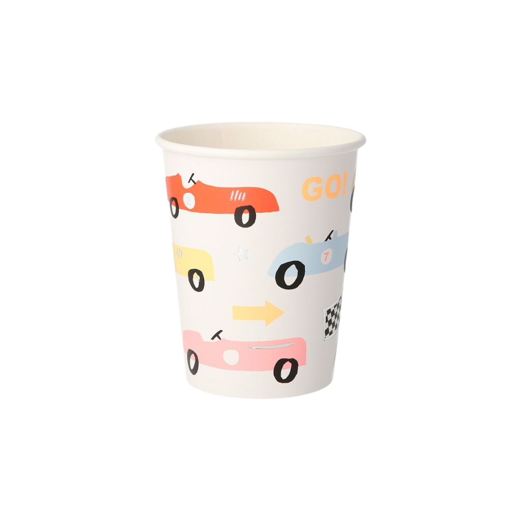 multicolor race car paper cup with GO and arrows racing birthday from Parte Haus party supply store in Bethesda MD