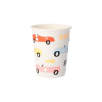 multicolor race car paper cup with GO and arrows racing birthday from Parte Haus party supply store in Bethesda MD