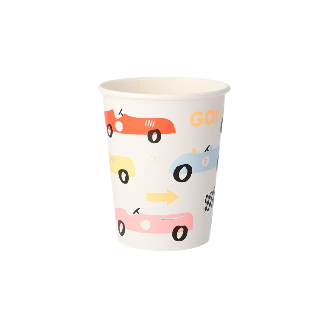multicolor race car paper cup with GO and arrows racing birthday from Parte Haus party supply store in Bethesda MD