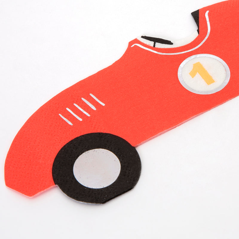 Red race car shaped party napkin with number one for birthday theme from Parte Haus party supply store in Bethesda MD