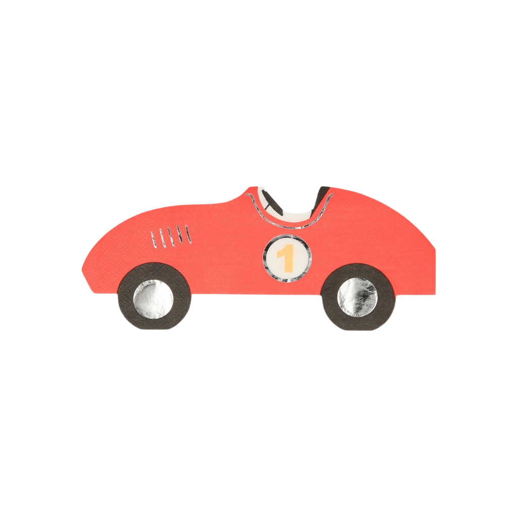 Red race car shaped napkin racing birthday decoration from Parte Haus party supply store in Bethesda Maryland