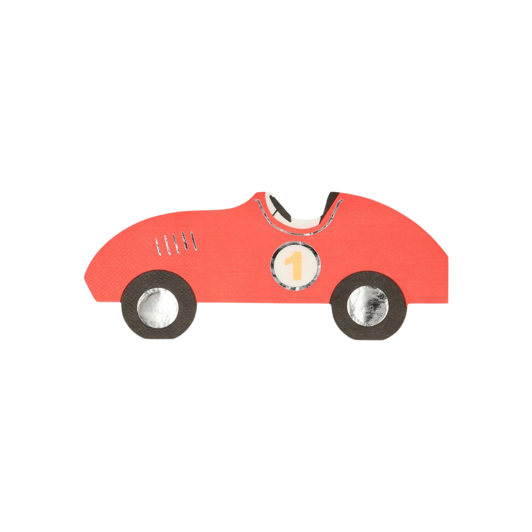 Red race car shaped napkin racing birthday decoration from Parte Haus party supply store in Bethesda Maryland