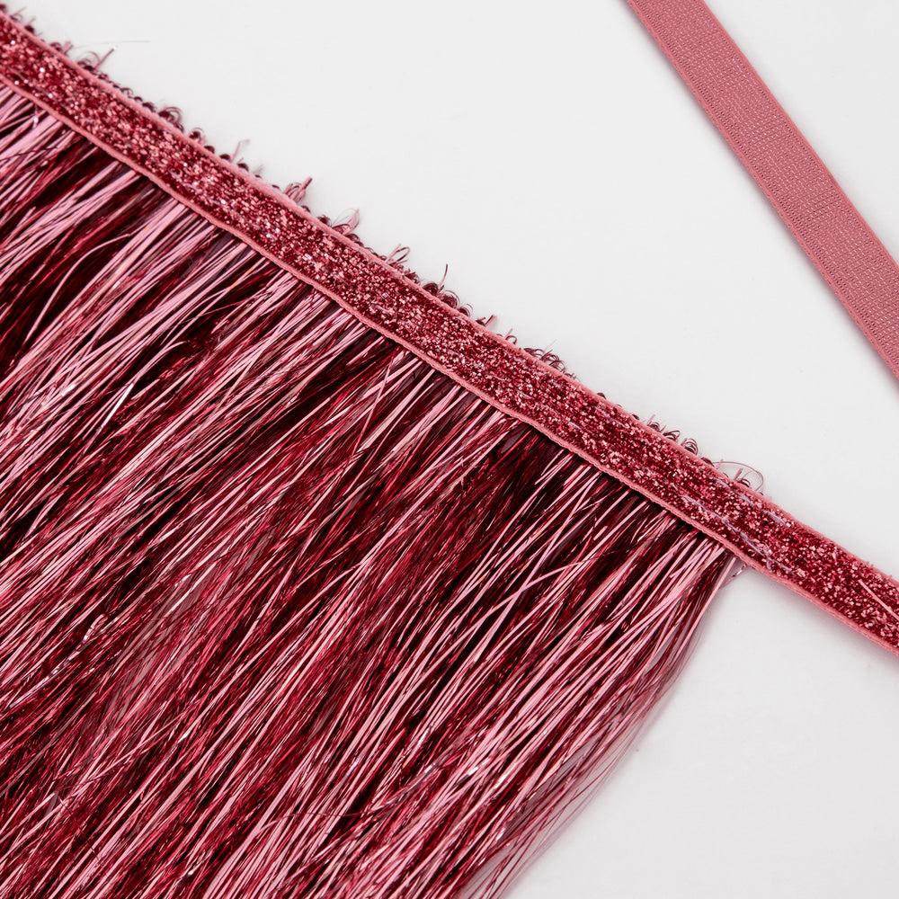 Rose pink tinsel fringe banner with glitter trim birthday celebration decor from Parte Haus party supply store in Bethesda MD