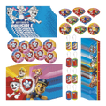 Colorful Paw Patrol themed kids favor set with plates rulers and tags for birthday from Parte Haus party supply store in Bethesda MD