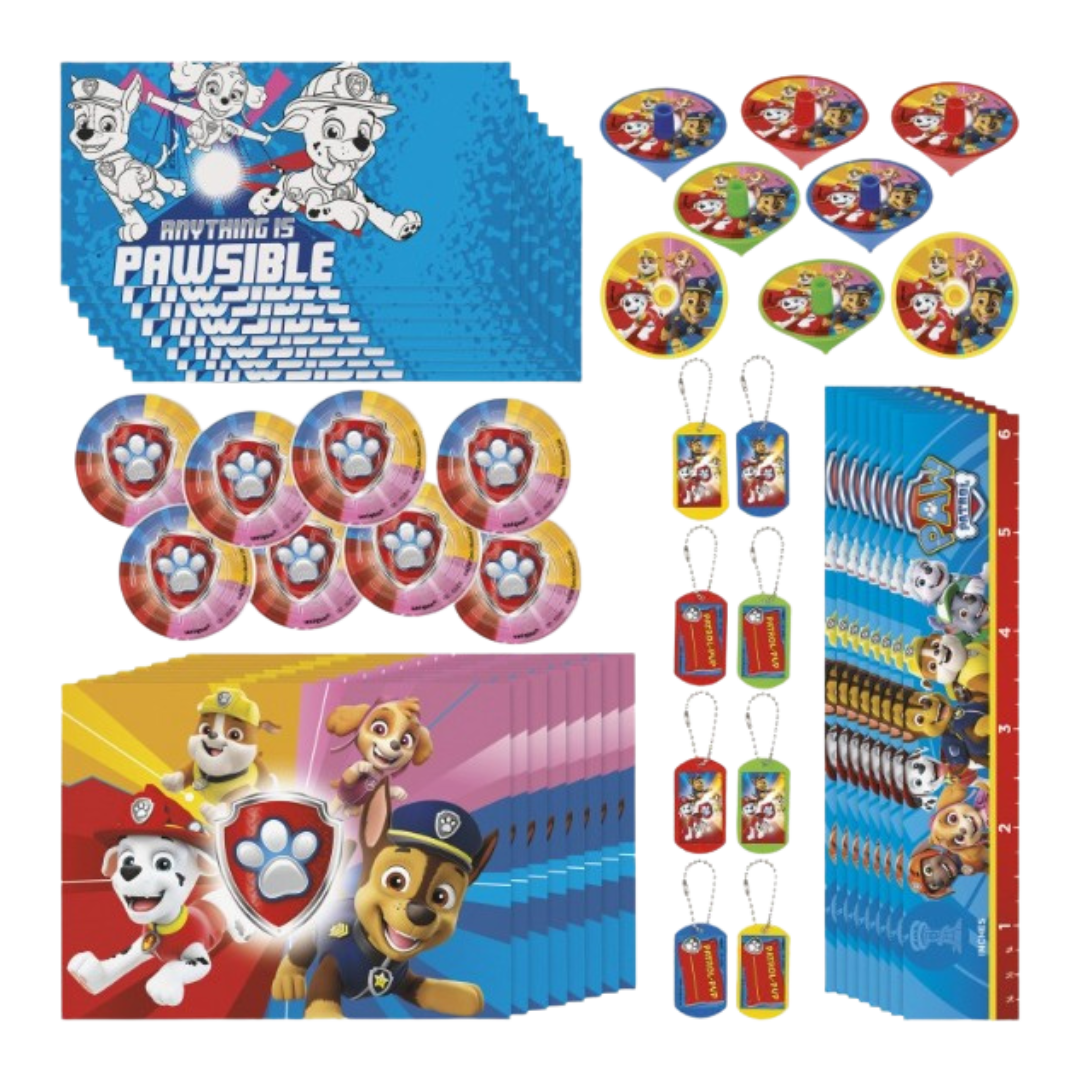Colorful Paw Patrol themed kids favor set with plates rulers and tags for birthday from Parte Haus party supply store in Bethesda MD