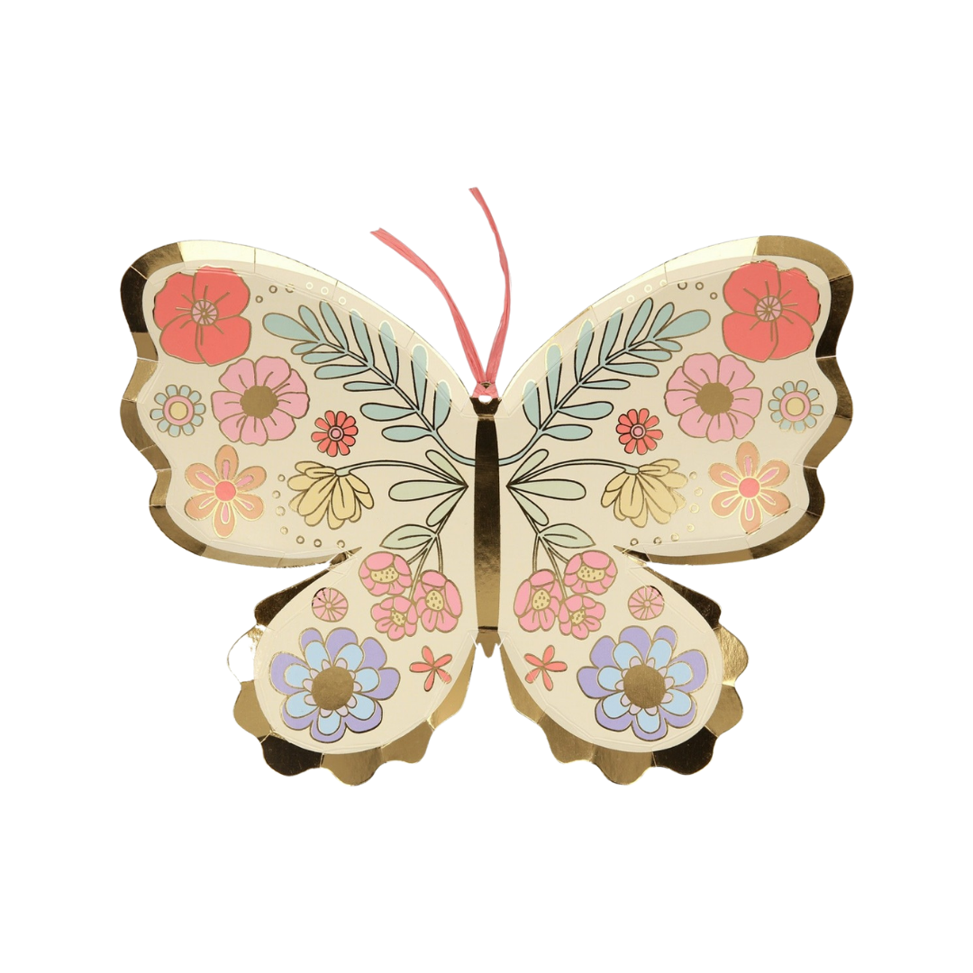 Pastel floral butterfly paper plate for garden birthday from Parte Haus party supply store in Bethesda MD