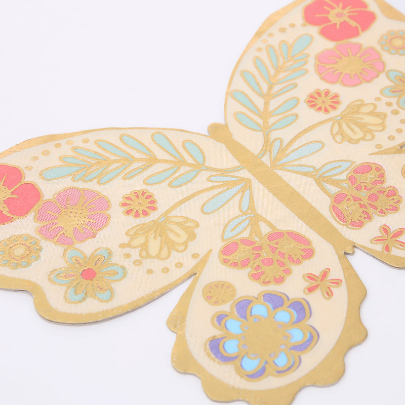 Gold butterfly shaped napkin with colorful floral design spring theme from Parte Haus party supply store in Bethesda MD