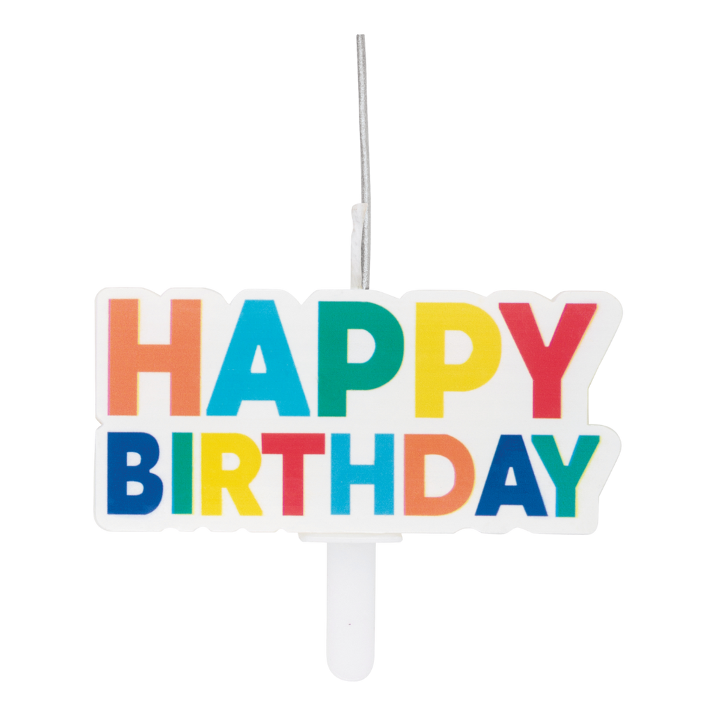 Multicolor birthday candle with bold happy birthday text for birthday celebrations from Parte Haus party supply store in Bethesda Maryland