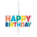 Multicolor birthday candle with bold happy birthday text for birthday celebrations from Parte Haus party supply store in Bethesda Maryland