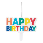 Multicolor birthday candle with bold happy birthday text for birthday celebrations from Parte Haus party supply store in Bethesda Maryland