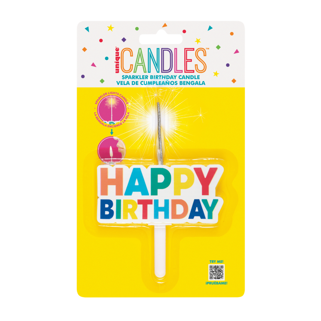 Colorful sparkler birthday candle shaped like Happy Birthday for birthday theme from Parte Haus party supply store in Bethesda MD