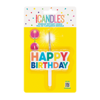 Colorful sparkler birthday candle shaped like Happy Birthday for birthday theme from Parte Haus party supply store in Bethesda MD