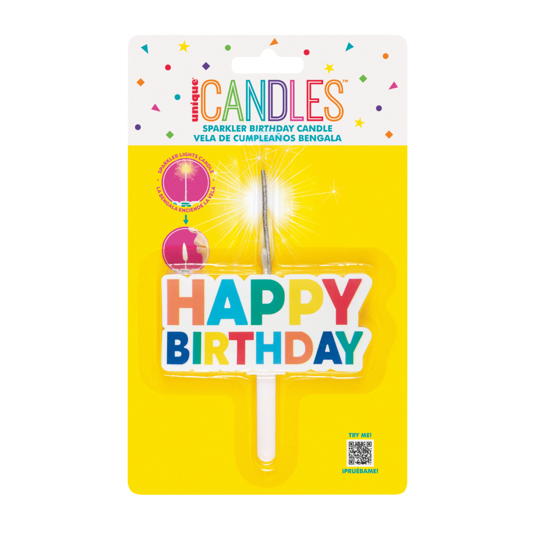 Colorful sparkler birthday candle shaped like Happy Birthday for birthday theme from Parte Haus party supply store in Bethesda MD
