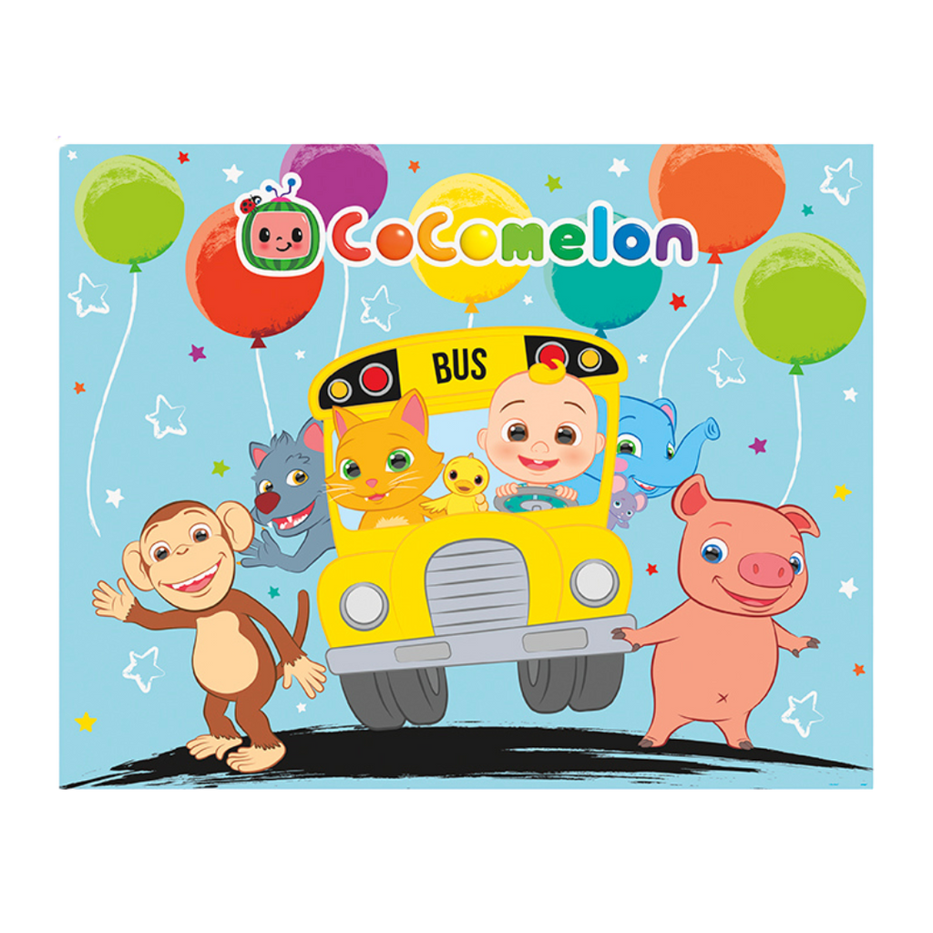 Colorful CoComelon backdrop with bus balloons and animals for kids birthday from Parte Haus party supply store in Bethesda MD.