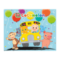Colorful CoComelon backdrop with bus balloons and animals for kids birthday from Parte Haus party supply store in Bethesda MD.