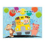 Colorful CoComelon backdrop with bus balloons and animals for kids birthday from Parte Haus party supply store in Bethesda MD.