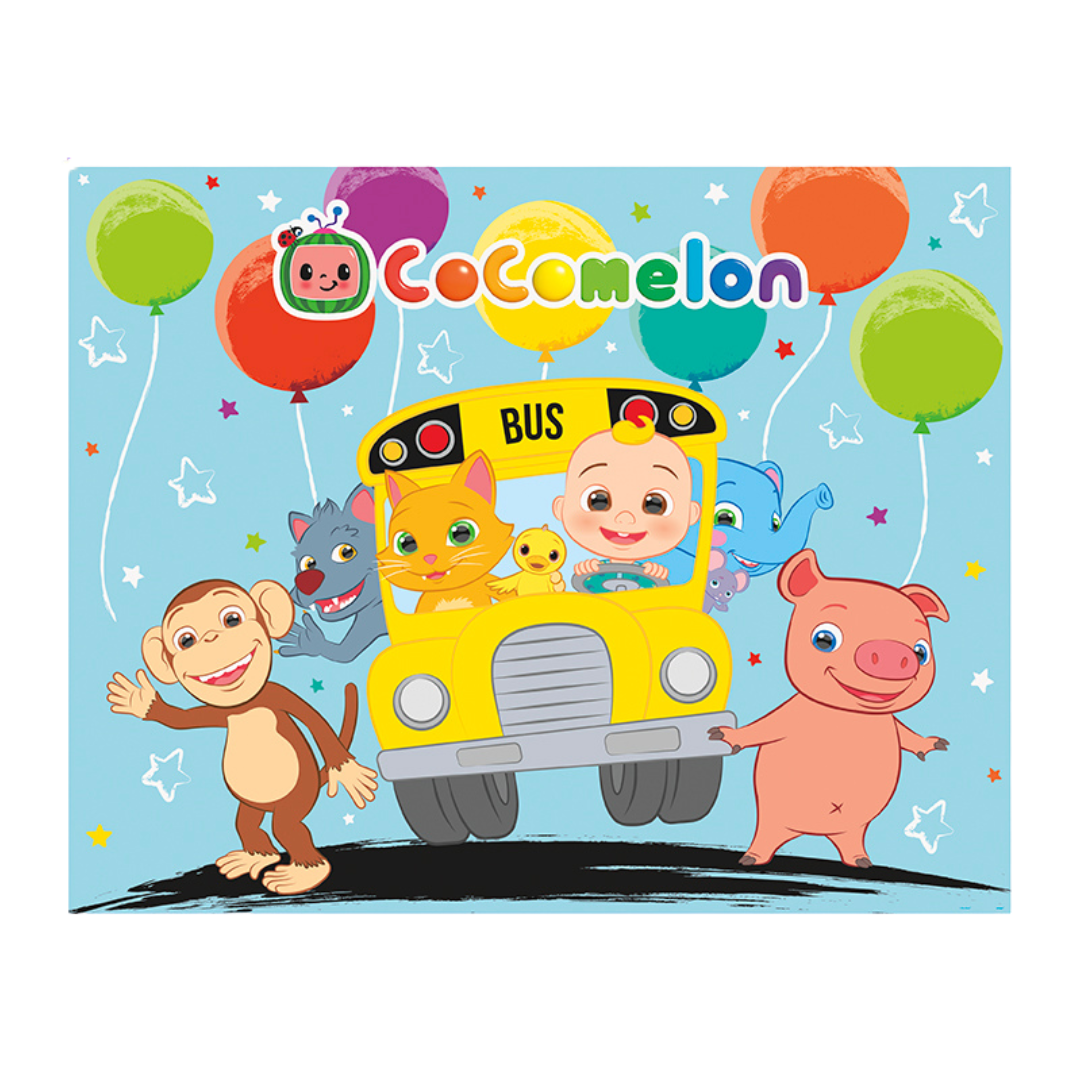Colorful CoComelon backdrop with bus balloons and animals for kids birthday from Parte Haus party supply store in Bethesda MD.