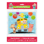 Colorful CoComelon photo booth backdrop with cartoon animals and balloons birthday theme from Parte Haus party supply store in Bethesda MD