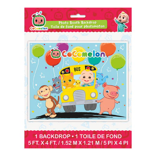 Colorful CoComelon photo booth backdrop with cartoon animals and balloons birthday theme from Parte Haus party supply store in Bethesda MD