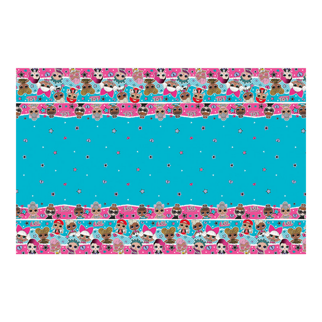 Blue LOL Surprise plastic table cover with doll faces and stars kids birthday from Parte Haus party supply store in Bethesda MD