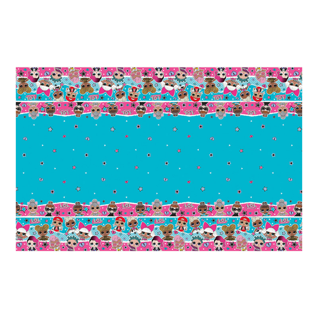 Blue LOL Surprise plastic table cover with doll faces and stars kids birthday from Parte Haus party supply store in Bethesda MD