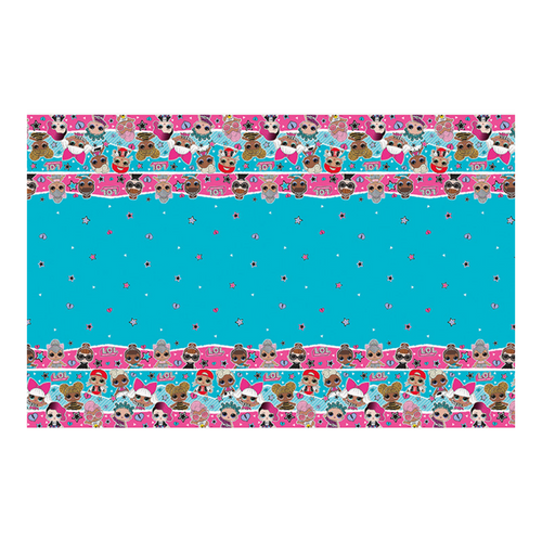 Blue LOL Surprise plastic table cover with doll faces and stars kids birthday from Parte Haus party supply store in Bethesda MD